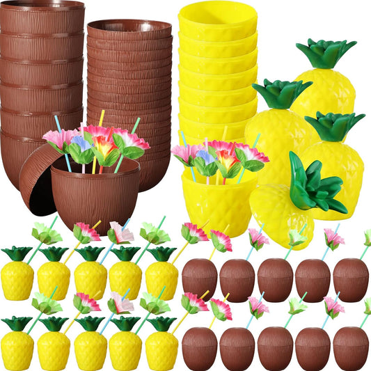 Tropical Party Cup Set - Pineapple and Coconut Shaped Straw Cups (20 Pieces) (5347)