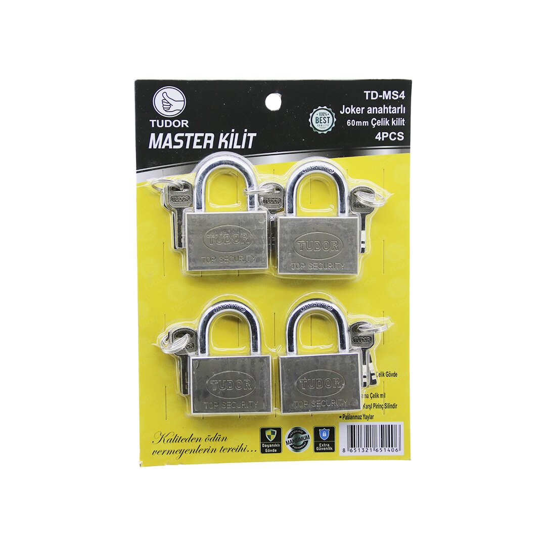 TUDOR TD-MS4 MASTER 4PCS JOKER ANAHTARLI=TEK ANAHTARLA 4 KİLİT AÇ  60MM - GRİ KISA KANCALI ÇELİK ASMA KİLİT (5347)