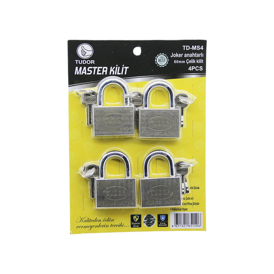 TUDOR TD-MS4 MASTER 4PCS JOKER KEYED=4 LOCKS WITH ONE KEY 60MM - GRAY SHORT SHACKLE STEEL PADLOCK (5347)