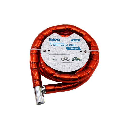 TÜP ANAHTARLI METAL KAFA ÇELİK MOTOR - BİSİKLET KİLİT SİLİNDİRİK SPİRAL KİLİT KIRMIZI KILIF22MM X 150CM (5347)
