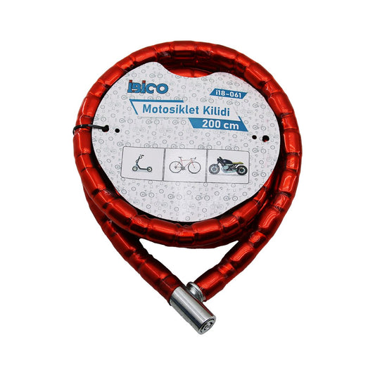 TÜP ANAHTARLI METAL KAFA ÇELİK MOTOR - BİSİKLET KİLİT SİLİNDİRİK SPİRAL KİLİT KIRMIZI KILIF22MM X 200CM (5347)