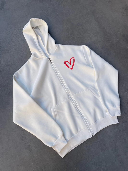 Three-Thread Printed Zippered Hoodie Cardigan - White