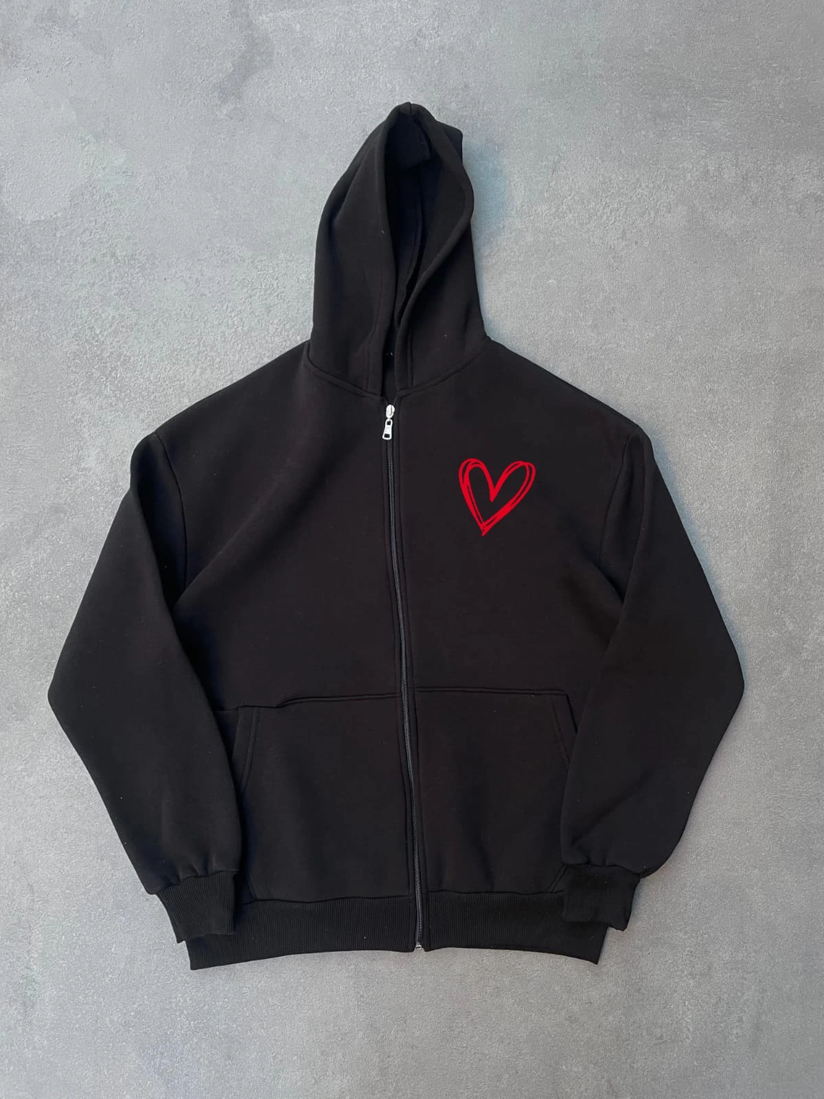 Three-Thread Printed Zippered Cardigan with Hood - Black