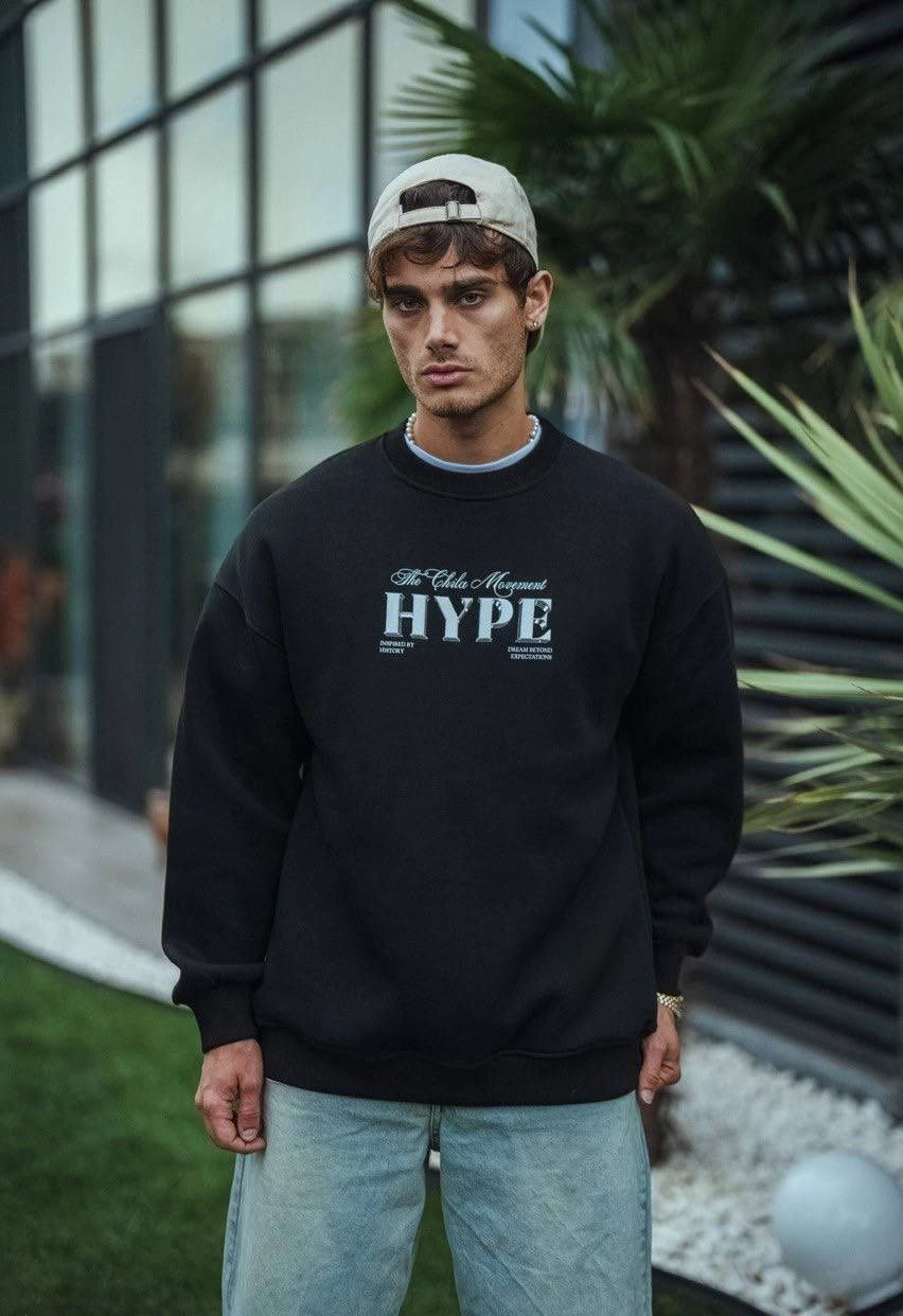 Three-Yarn Crew Neck Printed Sweatshirt - Black