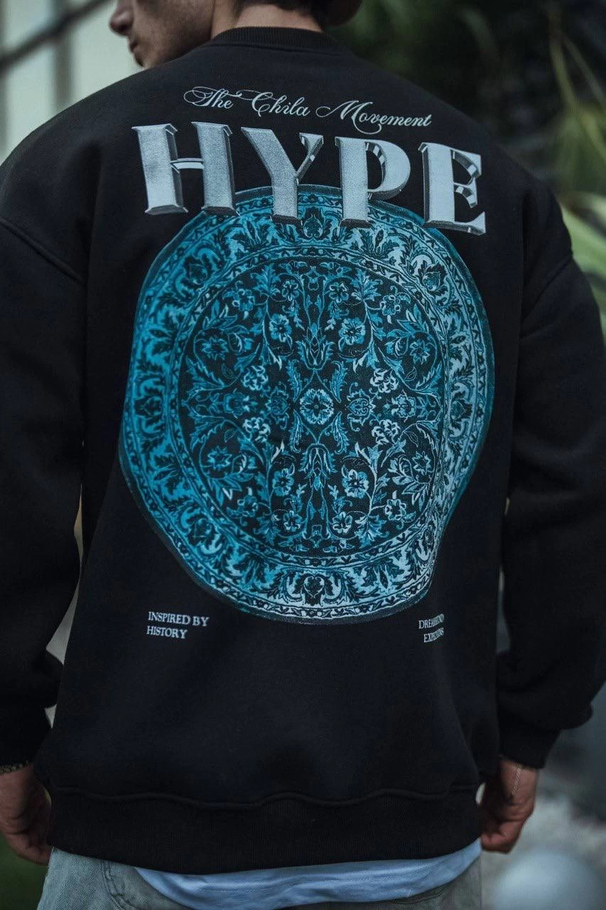 Three-Yarn Crew Neck Printed Sweatshirt - Black