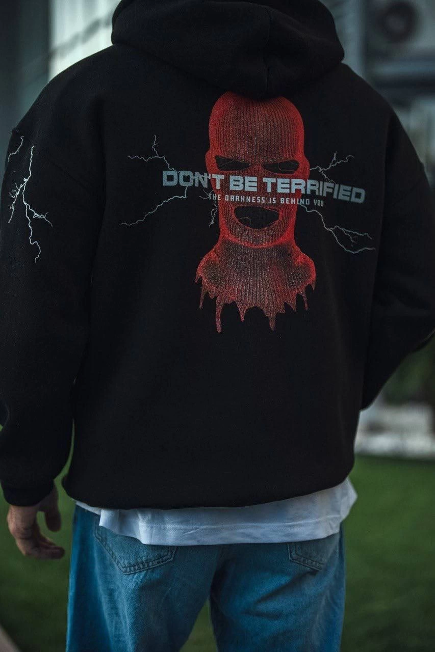 Üç İplik Kapüşonlu Baskılı Oversize SweatShirt- Siyah
