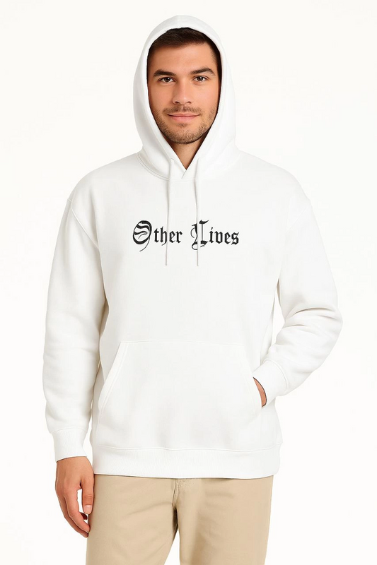 Erkek Kapşonlu Sweatshirt - Oversize Üç İplik Şardonlu Hoodie, 'Other Lives' Ön & Arka Baskılı, Kanguru Cepli, Kışlık Rahat Günlük Stil - Beyaz