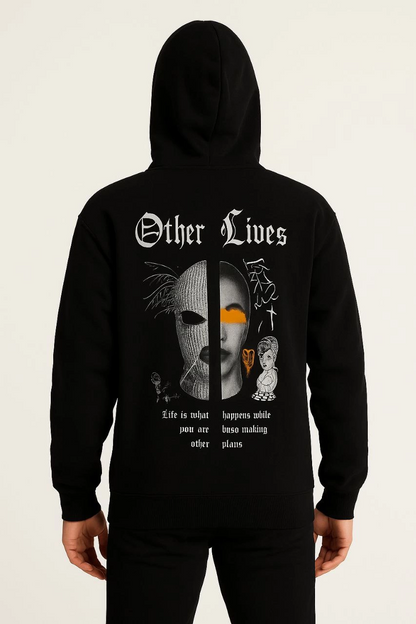 كنزة هودي رجالية - هودي بقصة كبيرة من 3 خيوط بتصميم شار دون، طباعة "Other Lives" أمامية وخلفية، جيب كانغارو، نمط شتوي مريح وعصري - أسود