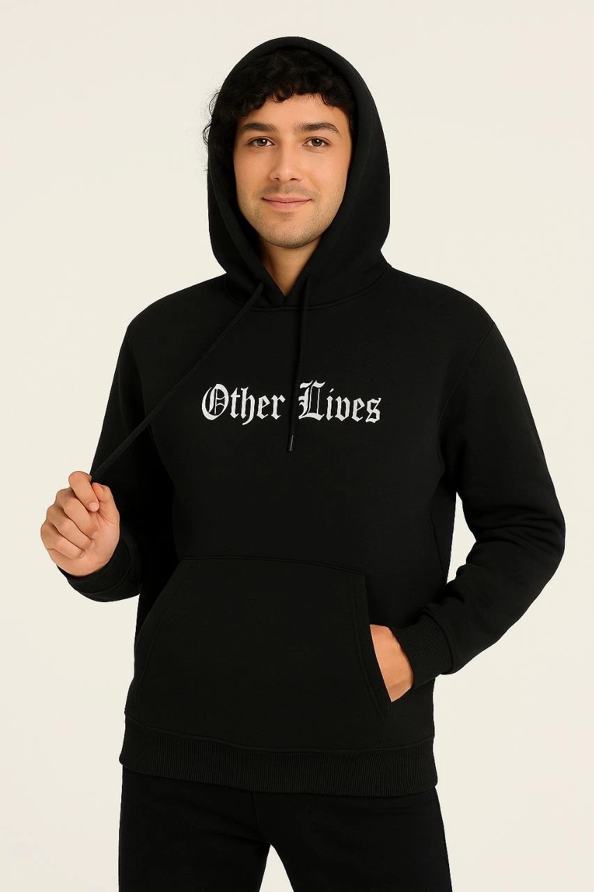 كنزة هودي رجالية - هودي بقصة كبيرة من 3 خيوط بتصميم شار دون، طباعة "Other Lives" أمامية وخلفية، جيب كانغارو، نمط شتوي مريح وعصري - أسود