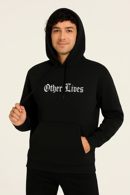 كنزة هودي رجالية - هودي بقصة كبيرة من 3 خيوط بتصميم شار دون، طباعة "Other Lives" أمامية وخلفية، جيب كانغارو، نمط شتوي مريح وعصري - أسود