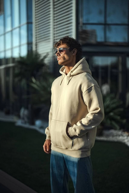 سويت شيرت بقبعة أساسي من القطن ثلاثي الخيوط - بيج