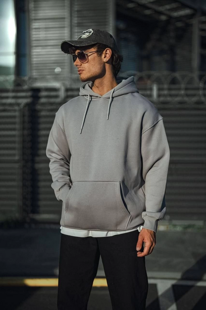 هودي سويت شيرت أساسي قطن ثلاثي الخيوط - رمادي مصبوغ