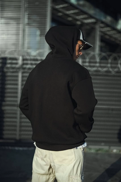 Three-Thread Combed Cotton Hooded Basic Sweatshirt - Black