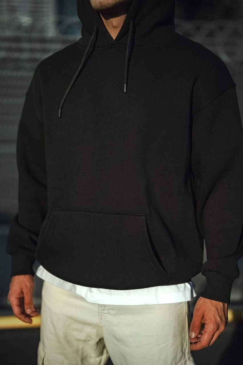 Three-Thread Combed Cotton Hooded Basic Sweatshirt - Black