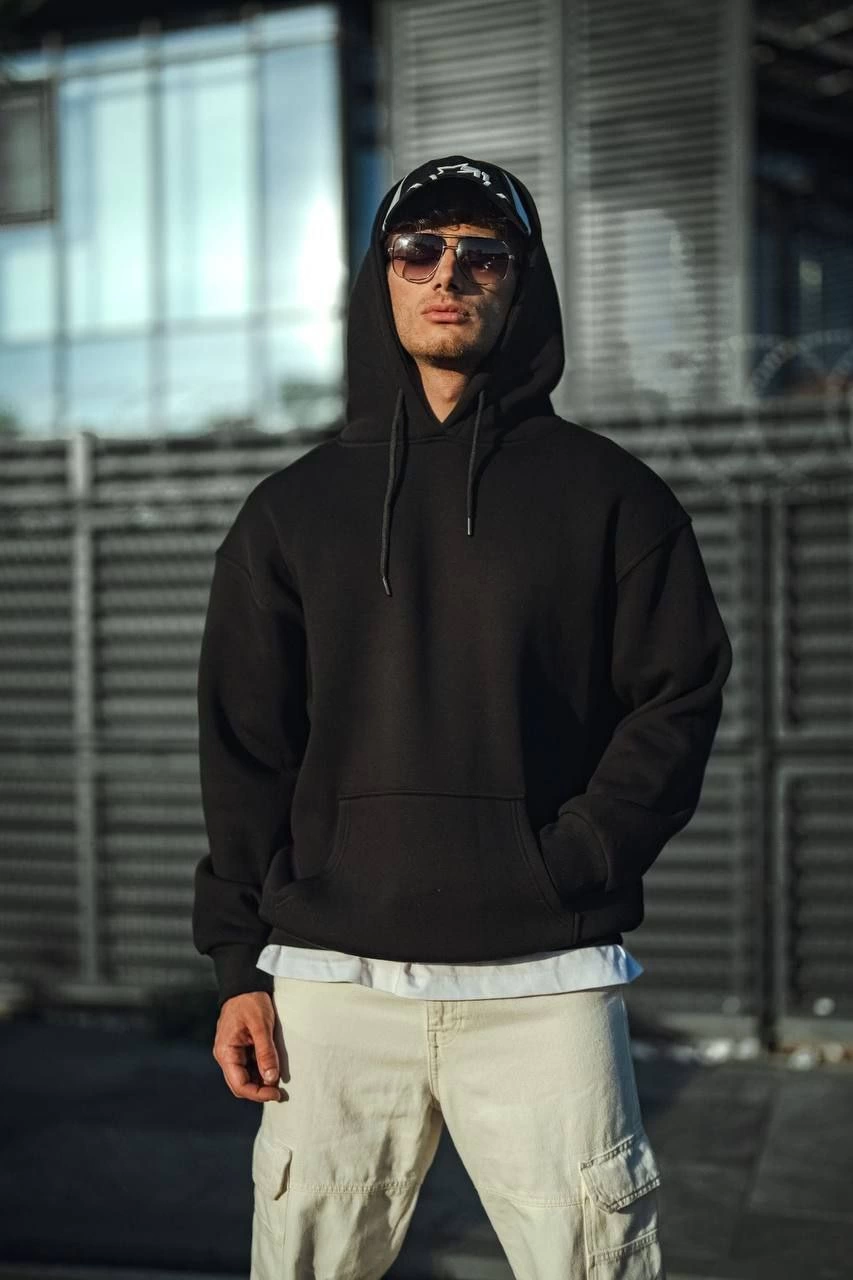 Three-Thread Combed Cotton Hooded Basic Sweatshirt - Black