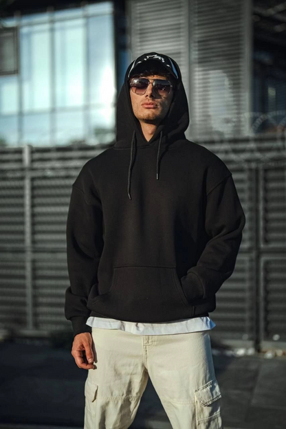 Three-Thread Combed Cotton Hooded Basic Sweatshirt - Black