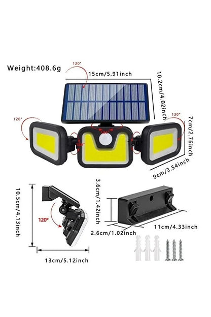 Üçlü Solar Led Projektör - Beyaz Işık - Sensörlü Dış Mekân Aydınlatma (5347)