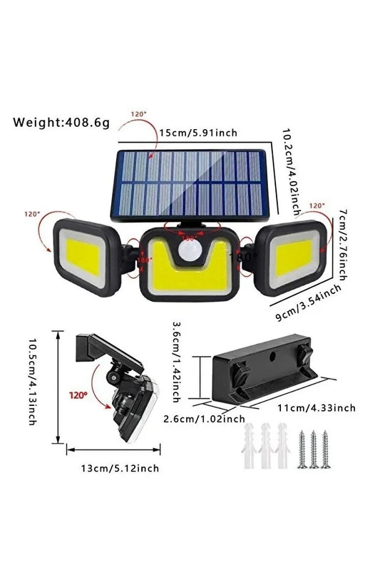 Üçlü Solar Led Projektör - Beyaz Işık - Sensörlü Dış Mekân Aydınlatma (5347)