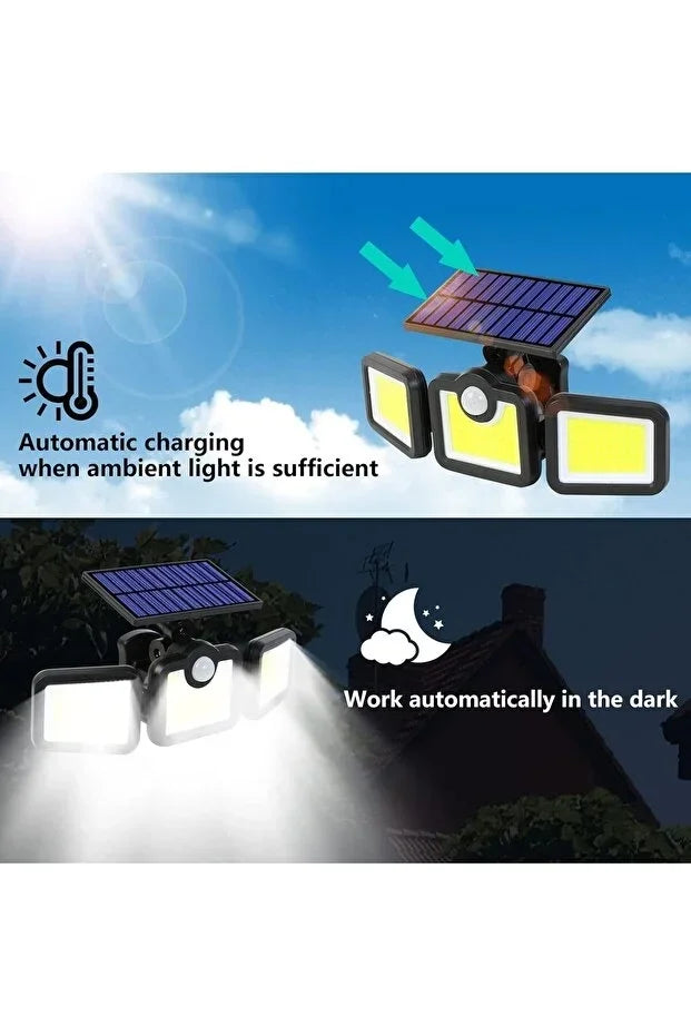 Üçlü Solar Led Projektör - Beyaz Işık - Sensörlü Dış Mekân Aydınlatma (5347)