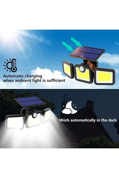 Üçlü Solar Led Projektör - Beyaz Işık - Sensörlü Dış Mekân Aydınlatma (5347)
