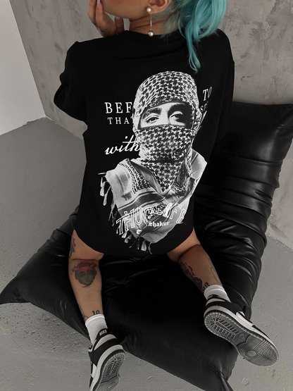 تيشيرت كبير الحجم بطباعة للجنسين - أسود