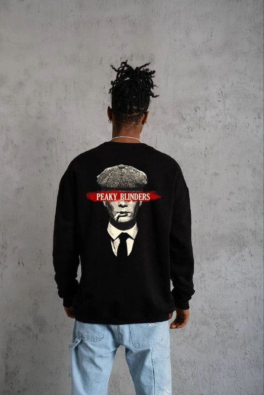 Unisex Crew Neck Printed Oversize Sweatshirt - Black