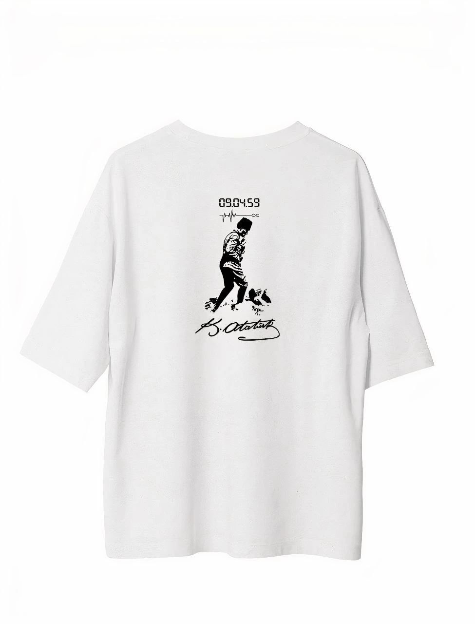 Unisex Bisiklet Yaka Baskılı Oversize T-Shirt - Beyaz