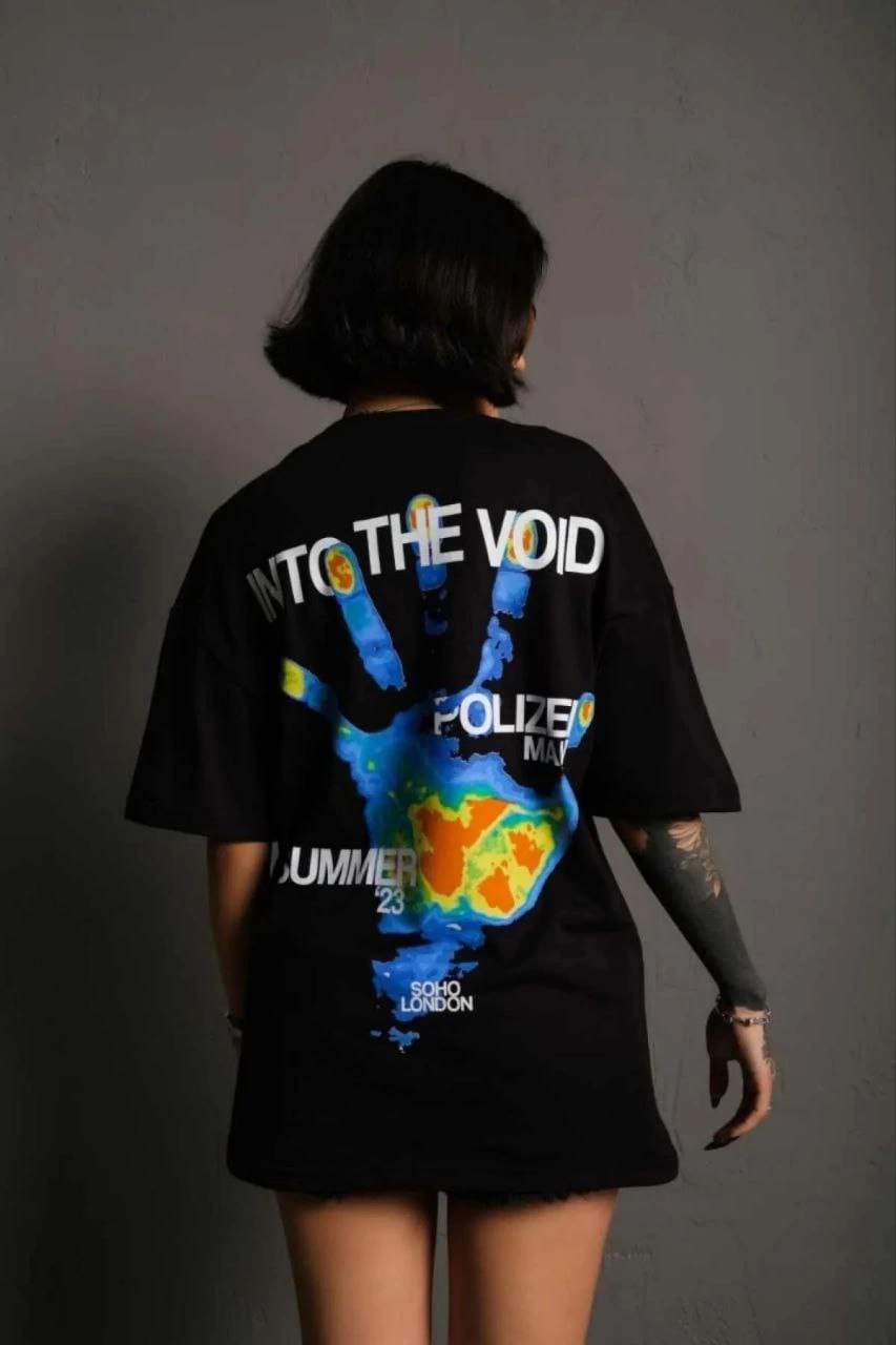 Unisex Crew Neck Printed Oversize T-Shirt - Black