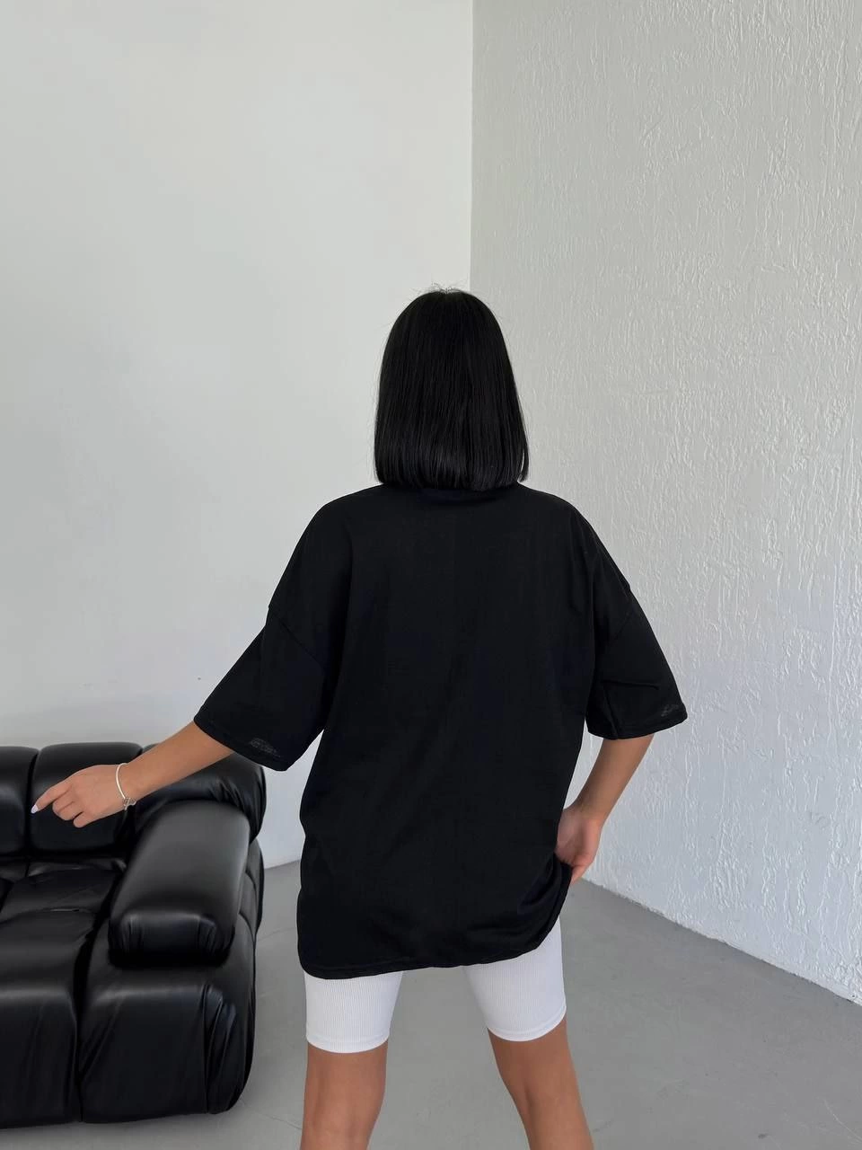 Unisex Crew Neck Printed Oversize T-Shirt - Black