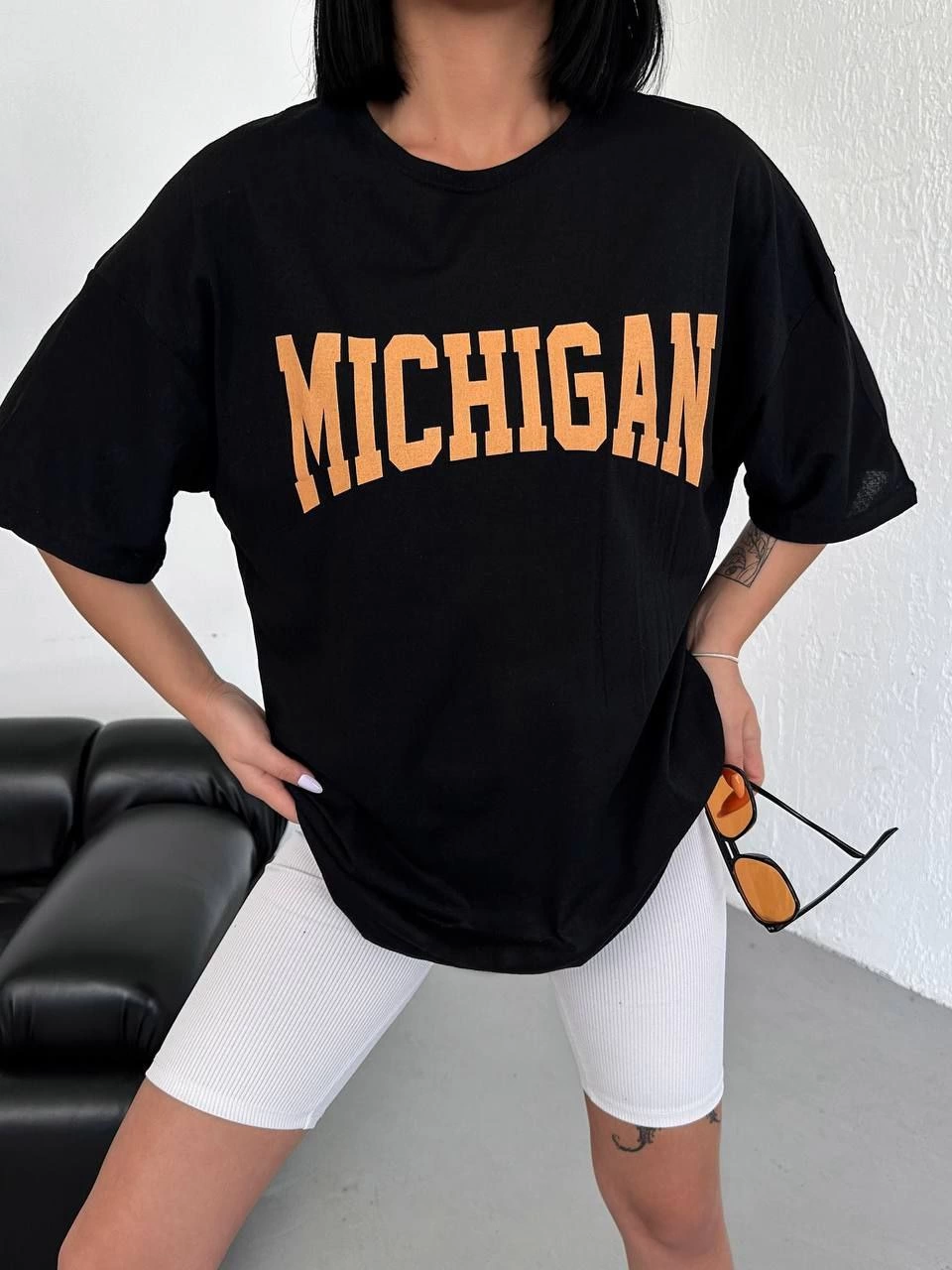 Unisex Crew Neck Printed Oversize T-Shirt - Black