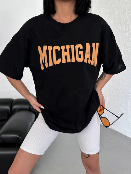 Unisex Crew Neck Printed Oversize T-Shirt - Black