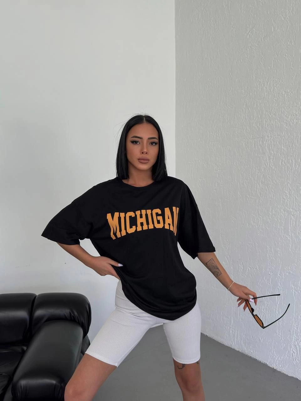 Unisex Crew Neck Printed Oversize T-Shirt - Black