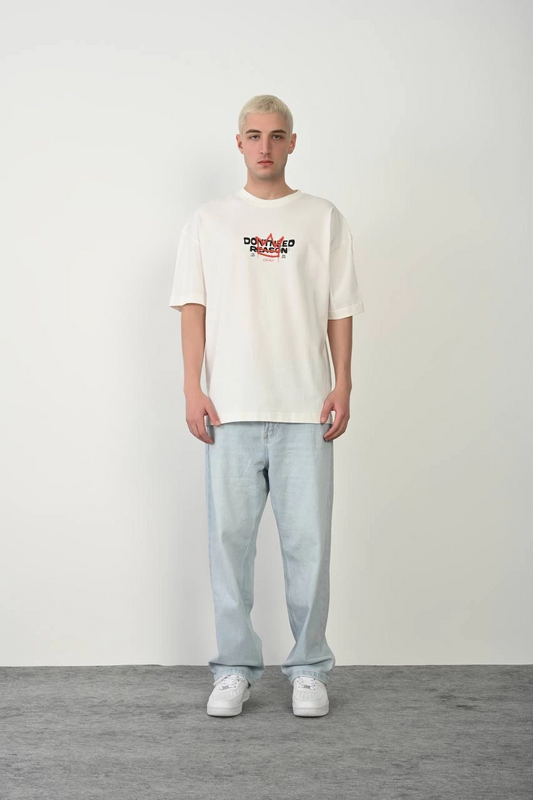 Unisex Bisiklet Yaka Baskılı Oversize T-Shirt - Beyaz