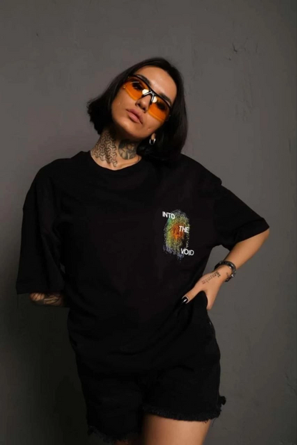Unisex Crew Neck Printed Oversize T-Shirt - Black