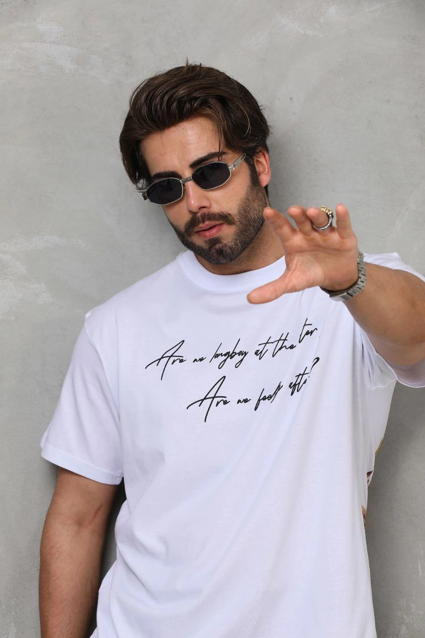 Unisex Bisiklet Yaka Baskılı Oversize T-Shirt - Beyaz