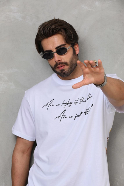Unisex Bisiklet Yaka Baskılı Oversize T-Shirt - Beyaz