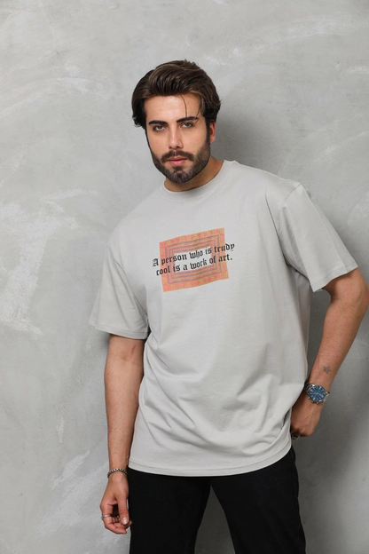 Unisex Crew Neck Printed Oversized T-Shirt - Grey