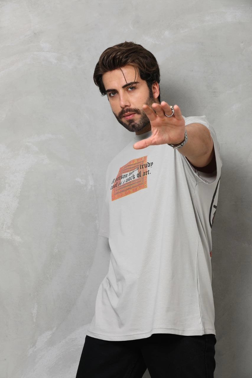 Unisex Crew Neck Printed Oversized T-Shirt - Grey