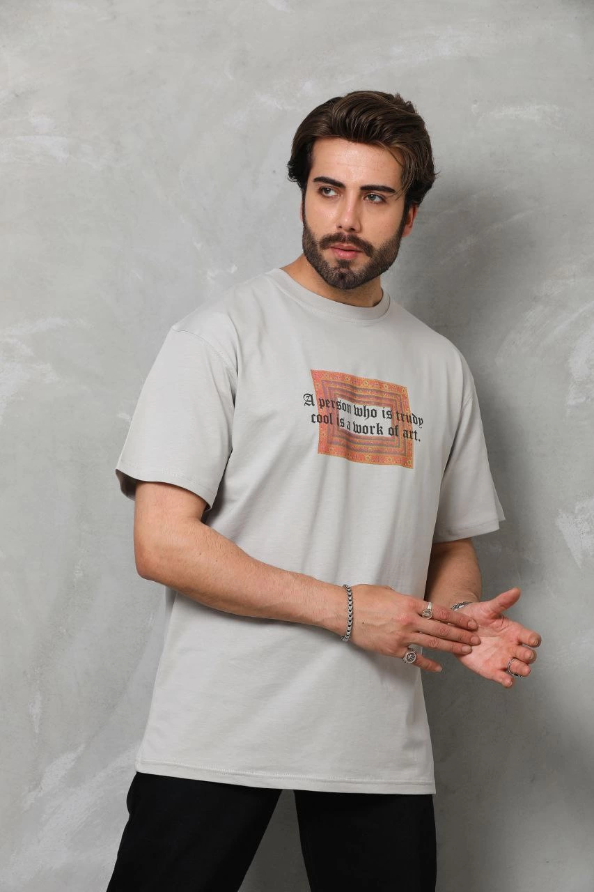 Unisex Crew Neck Printed Oversized T-Shirt - Grey