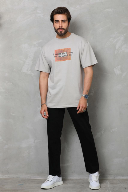 Unisex Crew Neck Printed Oversized T-Shirt - Grey
