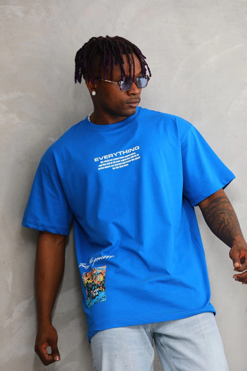 Unisex Crew Neck Printed Oversize T-Shirt - Blue