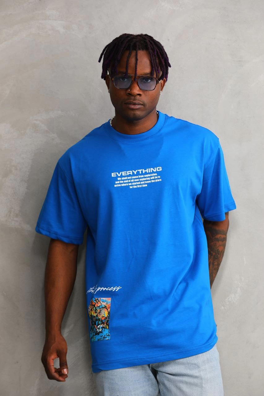 Unisex Crew Neck Printed Oversize T-Shirt - Blue