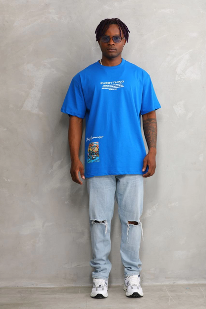 Unisex Crew Neck Printed Oversize T-Shirt - Blue