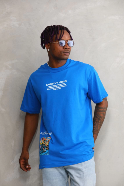 Unisex Crew Neck Printed Oversize T-Shirt - Blue