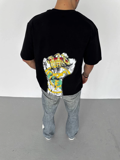 Unisex Crew Neck Printed Oversize T-Shirt - Black