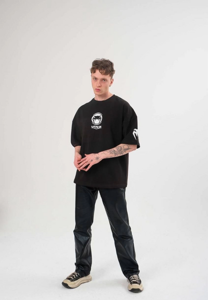 Unisex Crew Neck Printed Oversize T-Shirt - Black