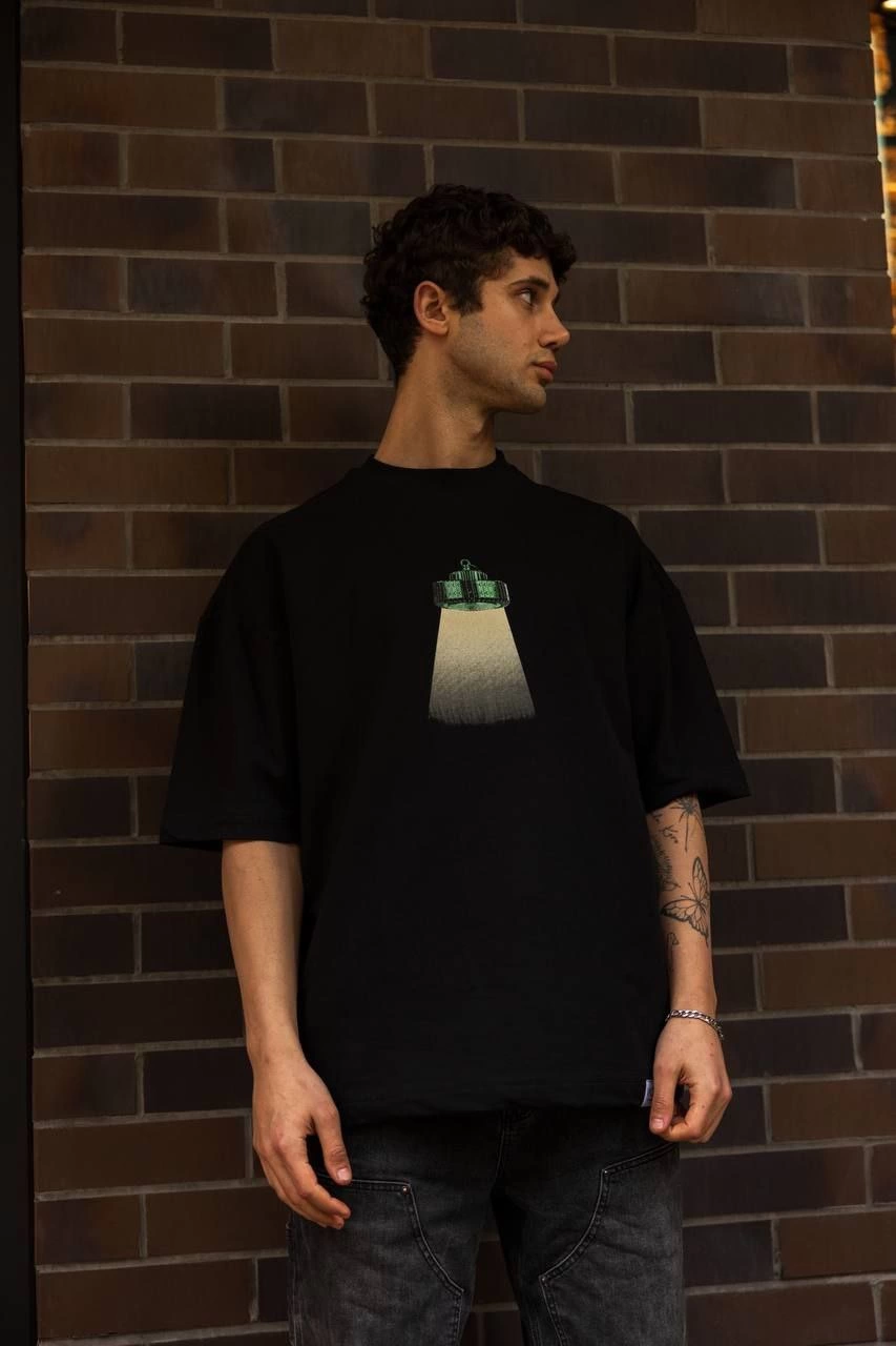 Unisex Crew Neck Printed Oversized T-Shirt - Black