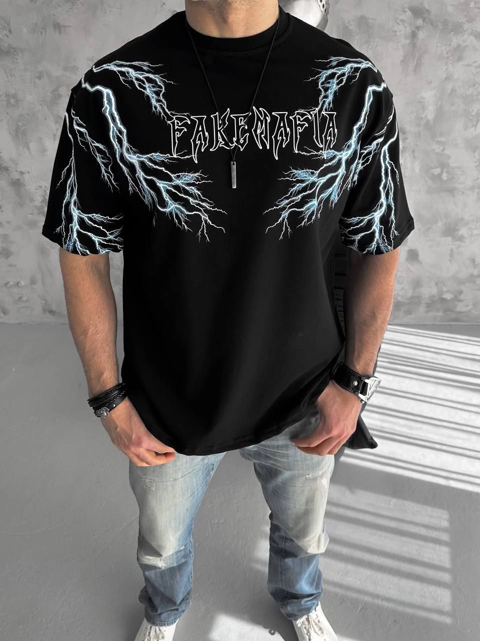 Unisex Crew Neck Printed Oversize T-Shirt-Black