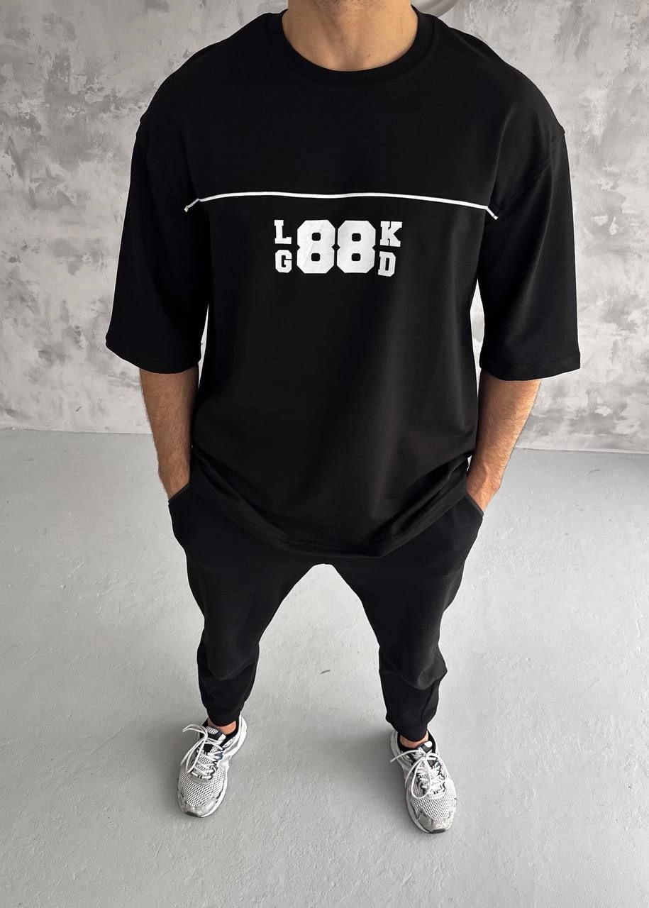 Unisex Crew Neck Printed Oversize T-Shirt - Black