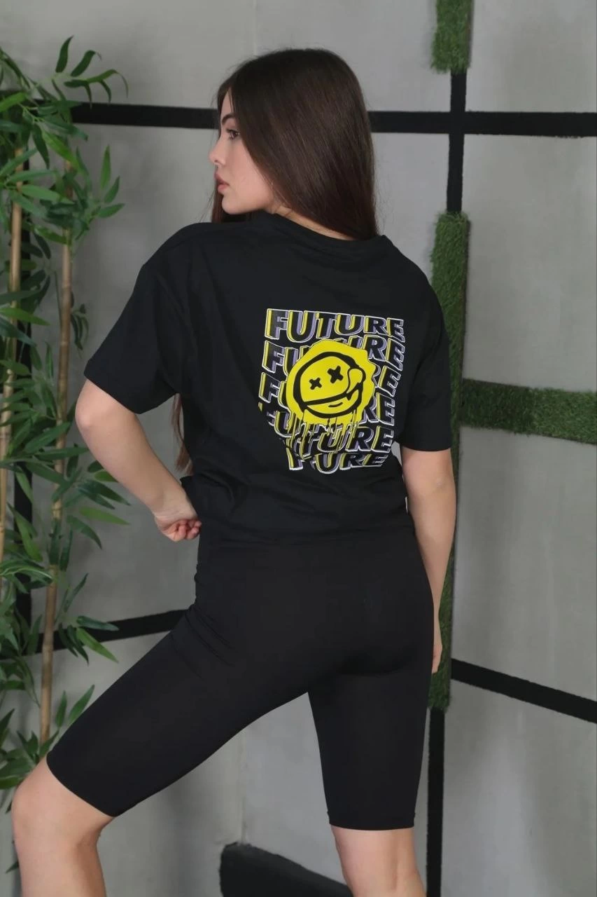 Unisex Crew Neck Printed Oversize T-Shirt - Black